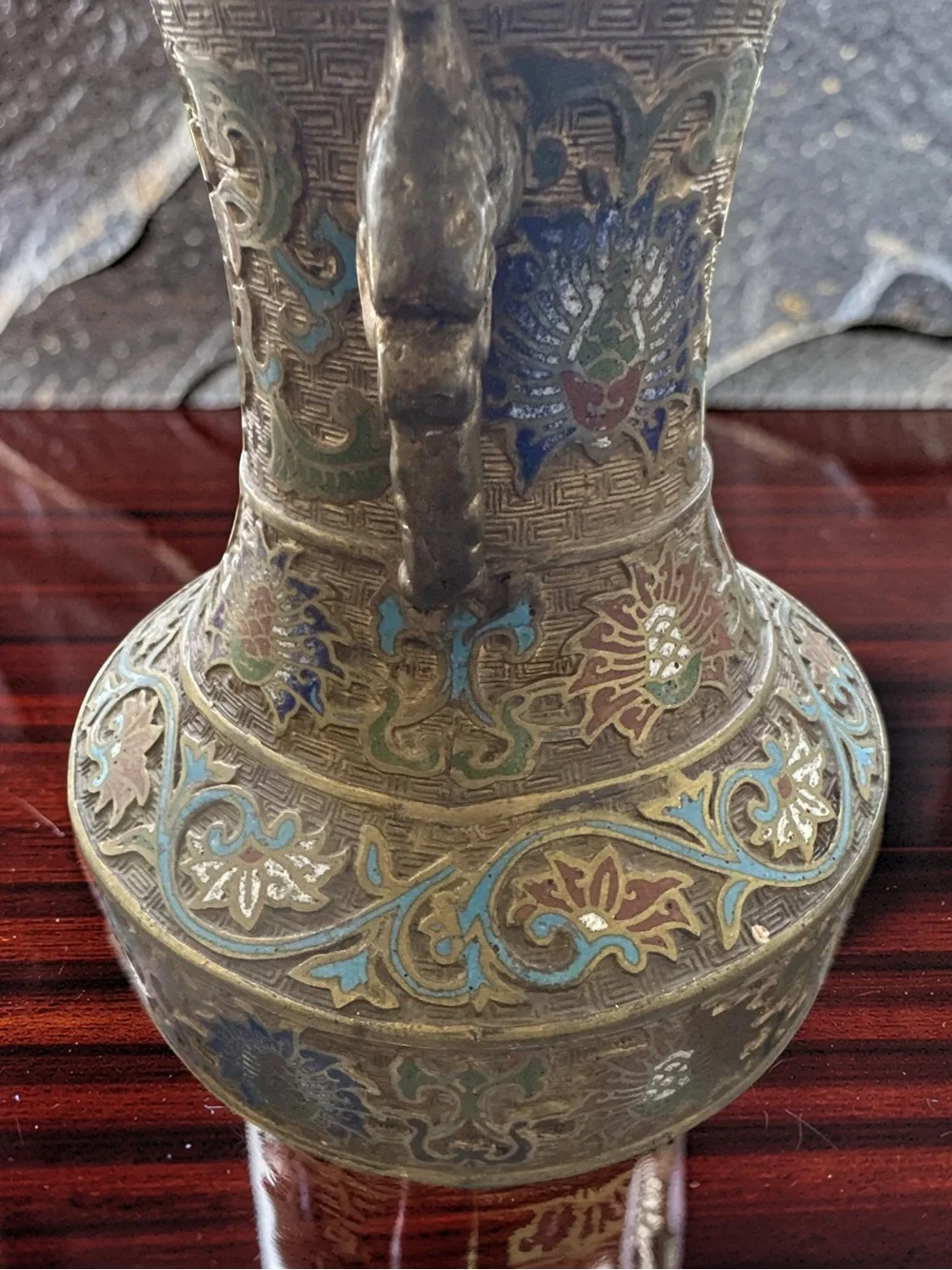 Antique Asian  Enamel Cloisonne Bronze  Multicolored Urn Vase 12” Tall !!!